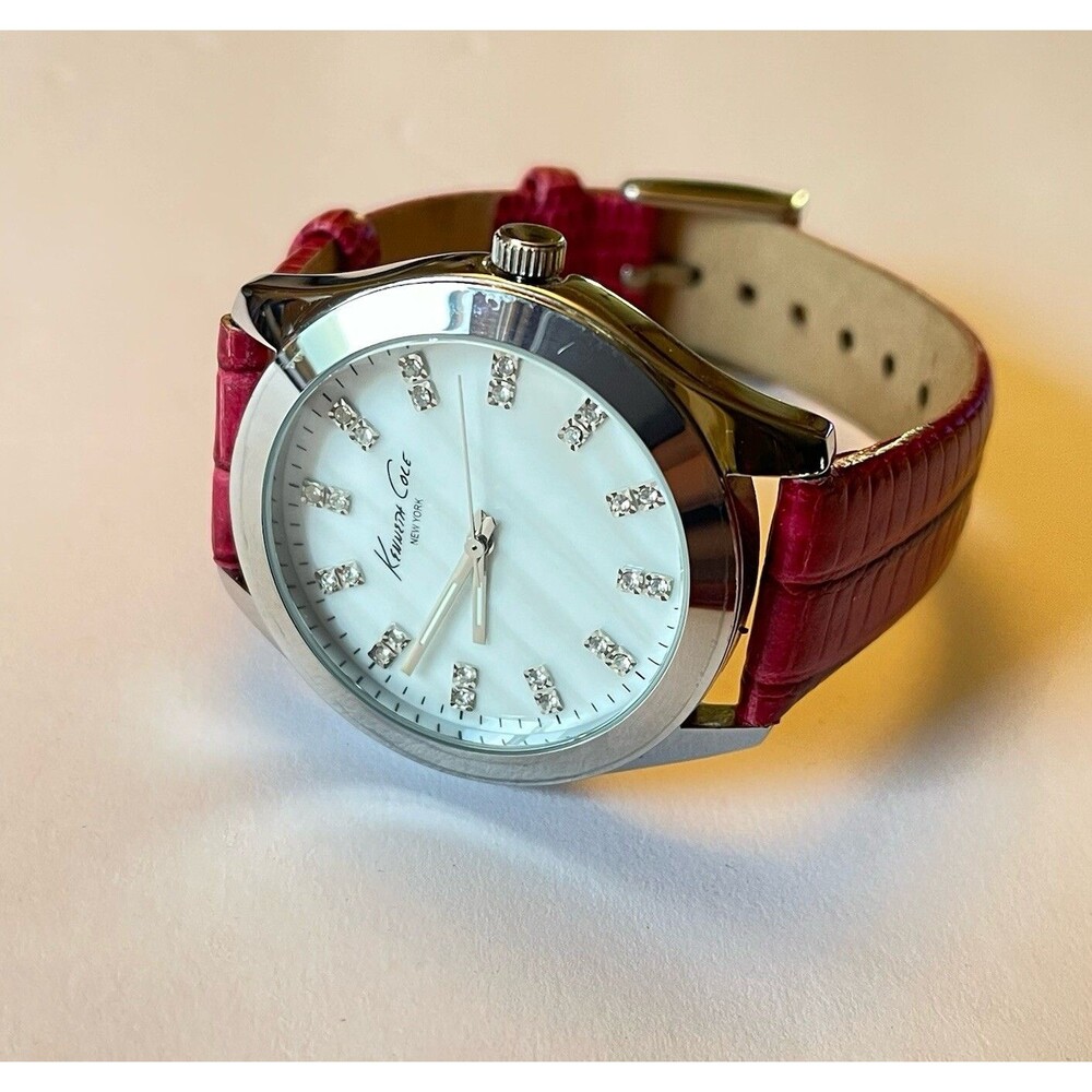 Kenneth Cole Womens Watch Red Leather Crystals Mother Of Pearl Face New Battery